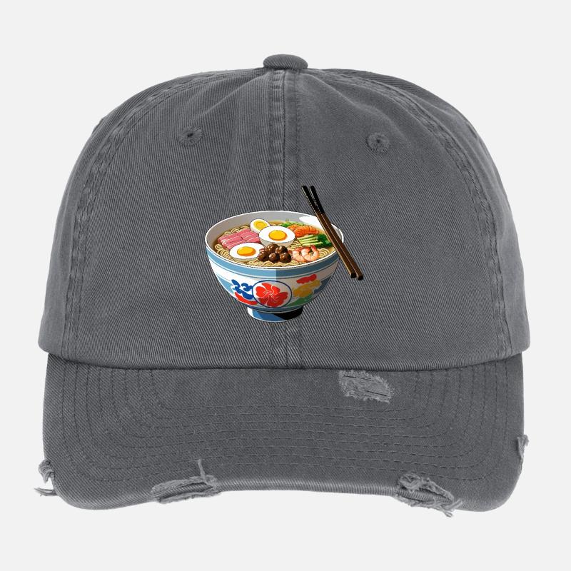 Ramen Bowl Illustration with Egg Shrimp Flexfit Vintage Destroyed Cap