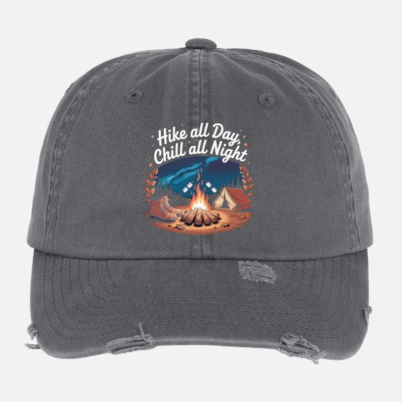 Hike All Day, Chill All Night – Camping Adventure Flexfit Vintage Destroyed Cap