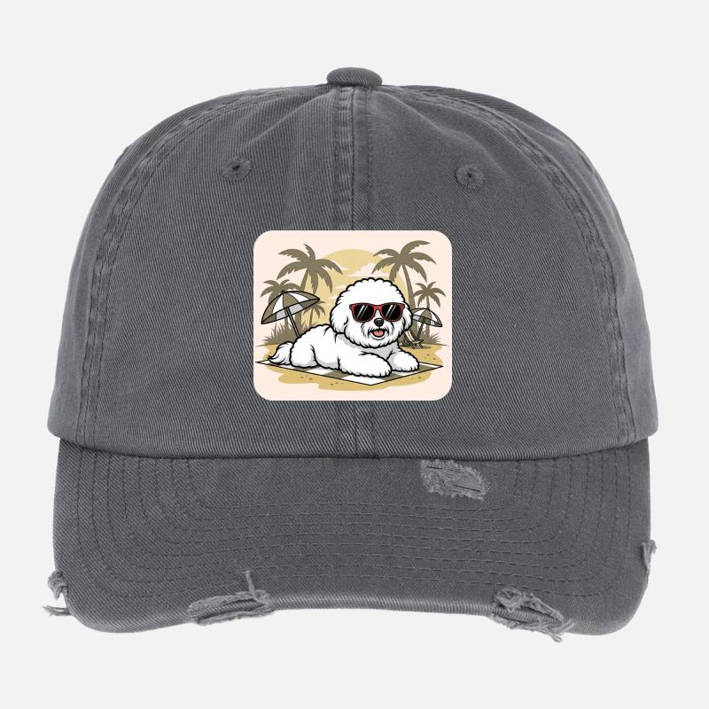 Summer Maltese with Sunglasses Flexfit Vintage Destroyed Cap