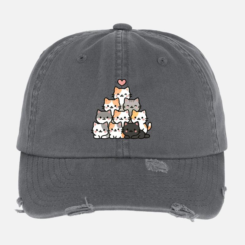 Pyramide de chat kawaii avec coeur - Chat de dessin animé mignon Casquette vintage effet usé Flexfit