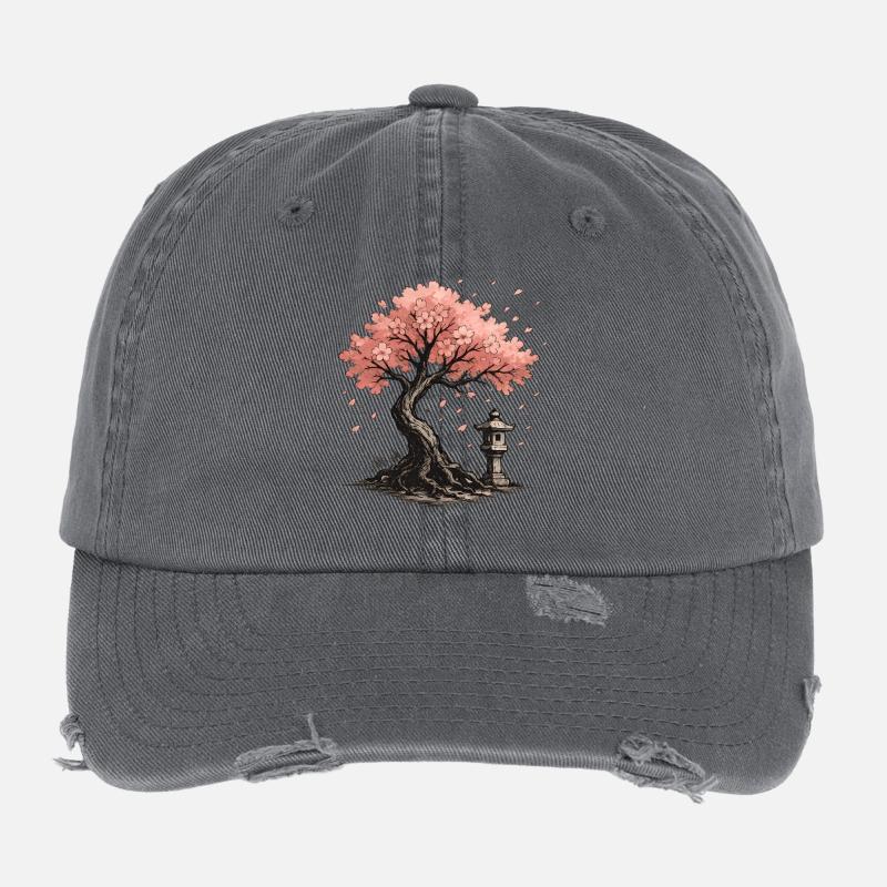 Japanese Cherry Blossom Tree Design Flexfit Vintage Destroyed Cap