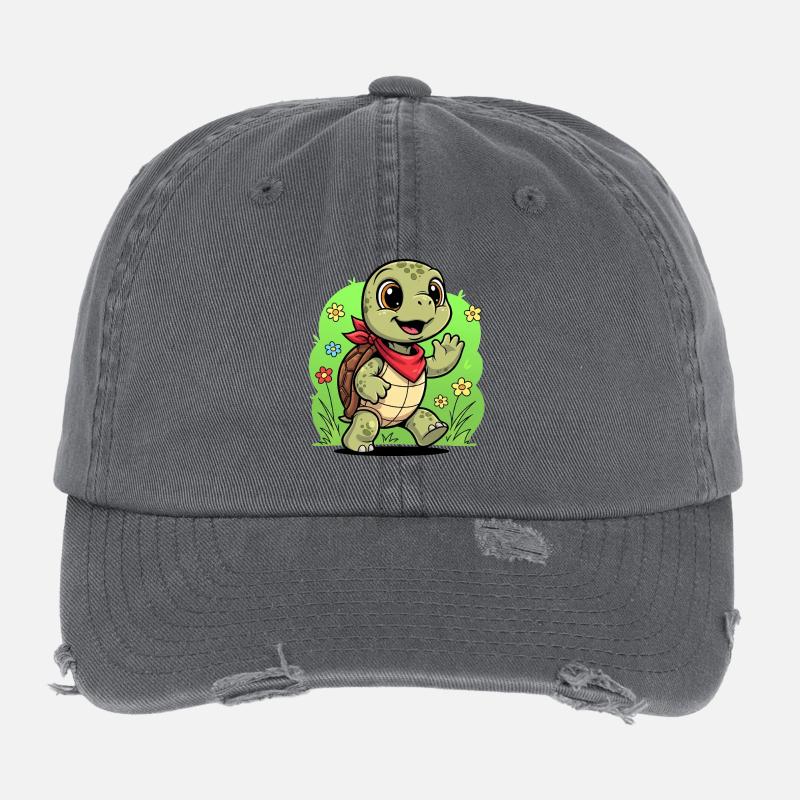 Cute turtle with backpack and flowers - Flexfit Vintage Destroyed Cap - dark grey