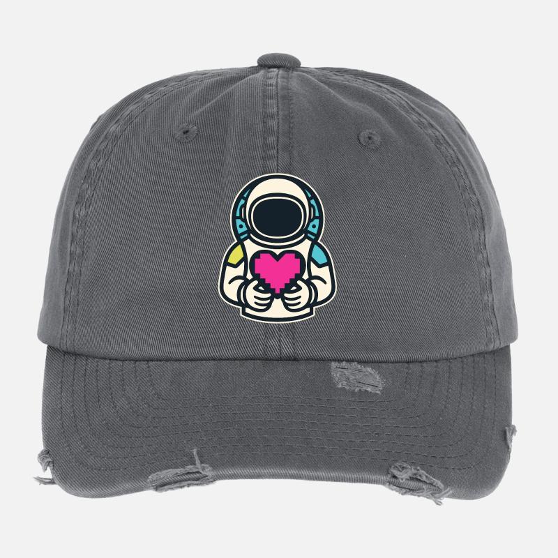 Astronaut mit Pixelherz Flexfit Vintage Destroyed Cap
