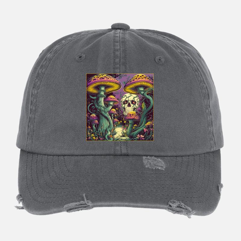 Mushroom Forest Skull Design Flexfit Vintage Destroyed Cap