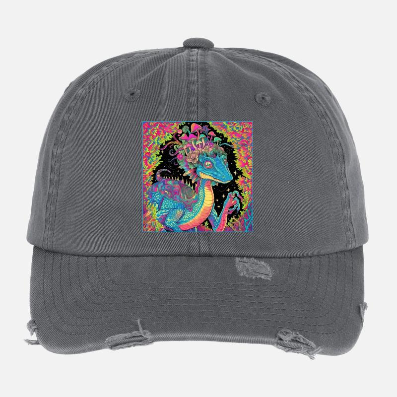 Psychedelischer Walddrache Illustration Flexfit Vintage Destroyed Cap