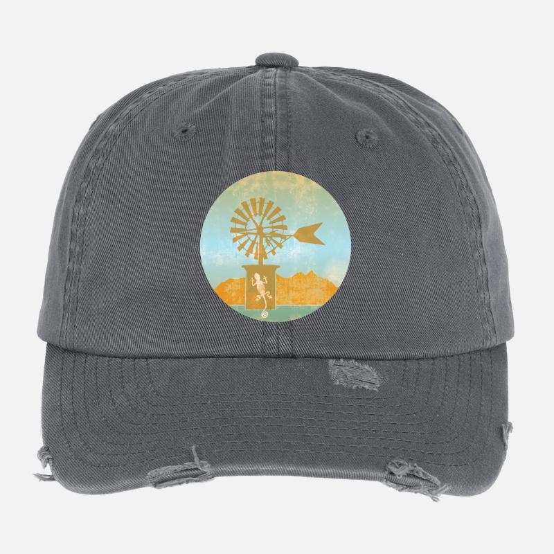 Windmill with Gecko Illustration Mallorca Flexfit Vintage Destroyed Cap