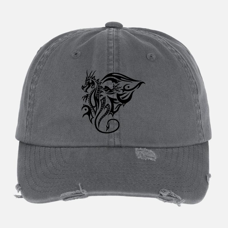 Side tribal dragon design with wings Flexfit Vintage Destroyed Cap