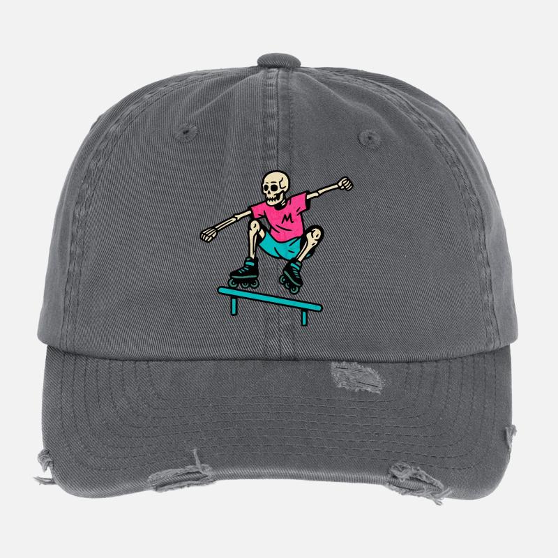Neon skeleton grinds on inline skates Flexfit Vintage Destroyed Cap