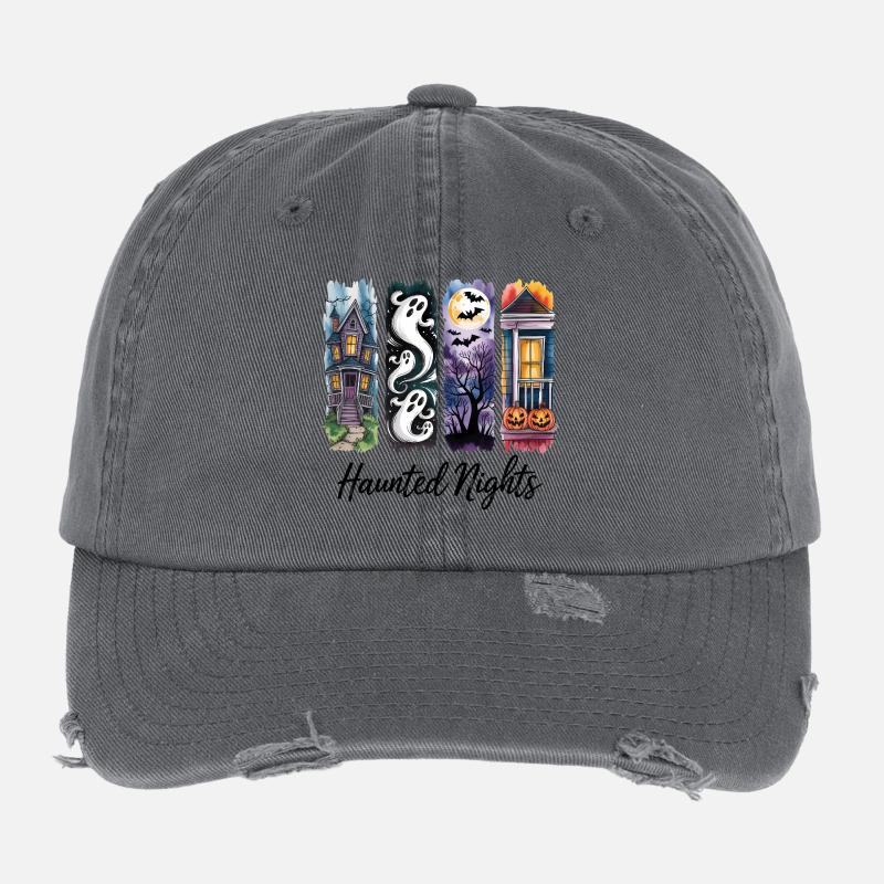 Nuits hantées Effrayant Halloween Maisons et fantômes Casquette vintage effet usé Flexfit