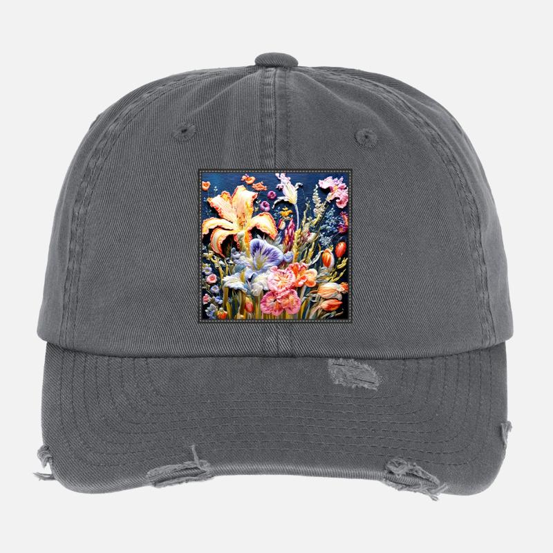 Floral pattern in embroidery technique on dark blue Flexfit Vintage Destroyed Cap