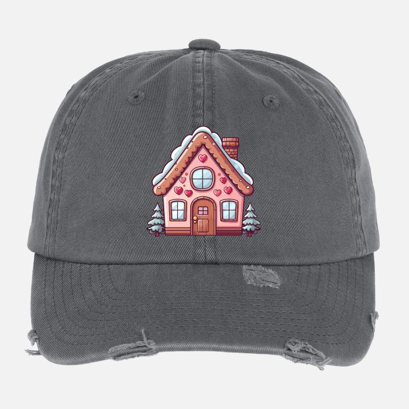 Charming Snow-Capped Gingerbread House Flexfit Vintage Destroyed Cap