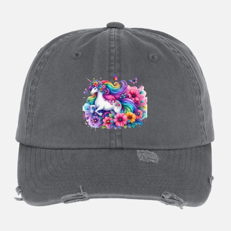Regenbogen Blumen Einhorn Flexfit Vintage Destroyed Cap