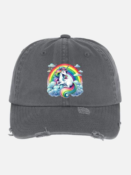 Licorne arc-en-ciel sur les nuages - Casquette vintage effet usé Flexfit - charbon - Devant