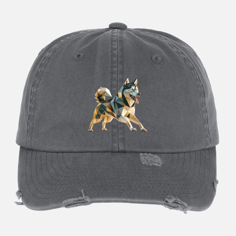 Siberian Husky - Cooles Low Poly Logo Flexfit Vintage Destroyed Cap
