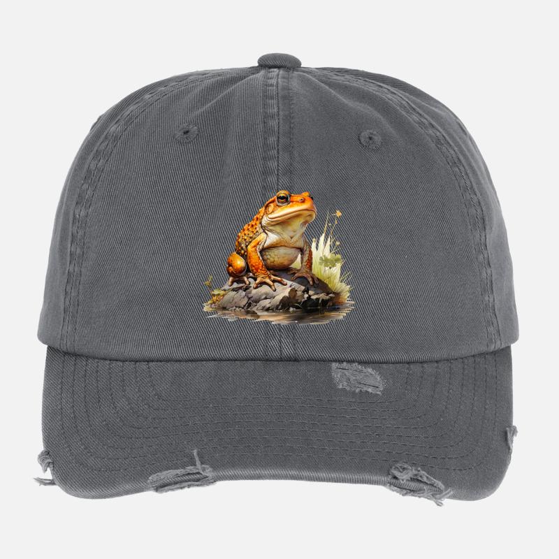 Orangeroter Frosch oder Kröte auf Stein Flexfit Vintage Destroyed Cap