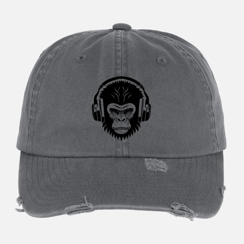 Entspannter Affe Wireless Kopfhörer Café Shirt Flexfit Vintage Destroyed Cap
