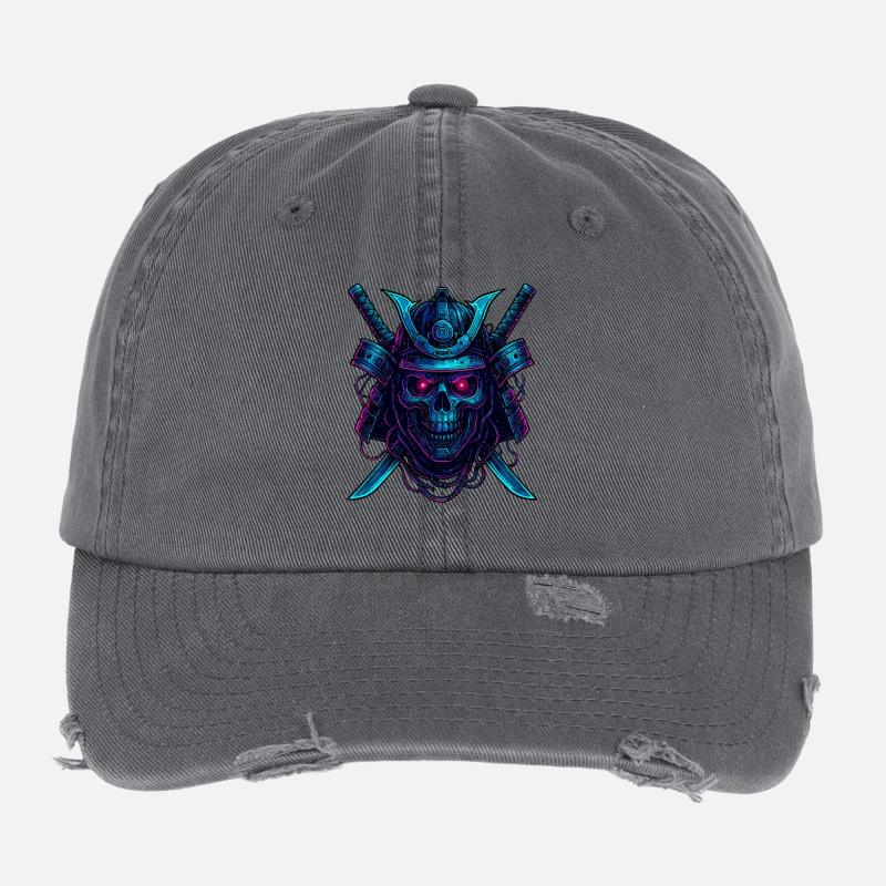 Cyber Samurai Totenkopf Neon Design Flexfit Vintage Destroyed Cap