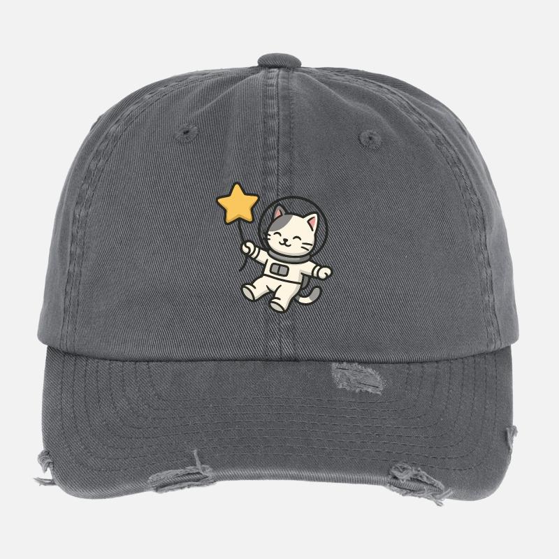 Cute Astro Cat with Star Balloon Flexfit Vintage Destroyed Cap