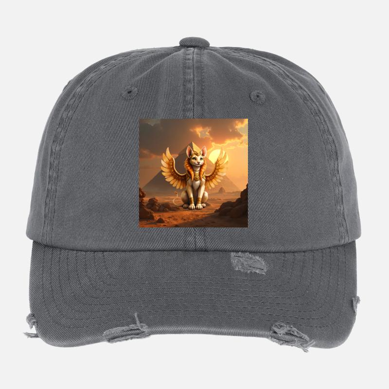 Winged Cat in Desert Egypt Flexfit Vintage Destroyed Cap