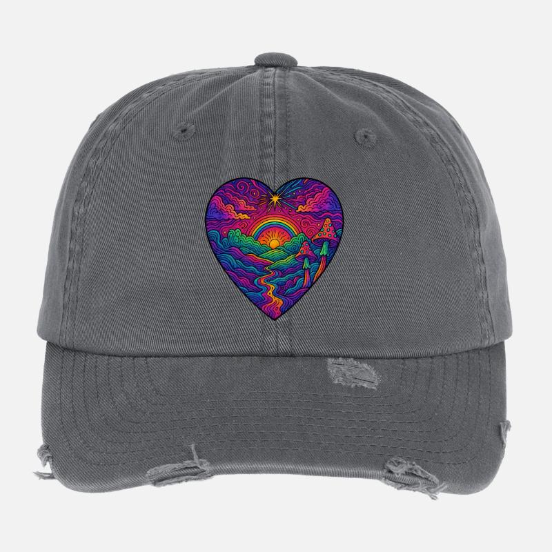 Paysage de cœur arc-en-ciel Casquette vintage effet usé Flexfit