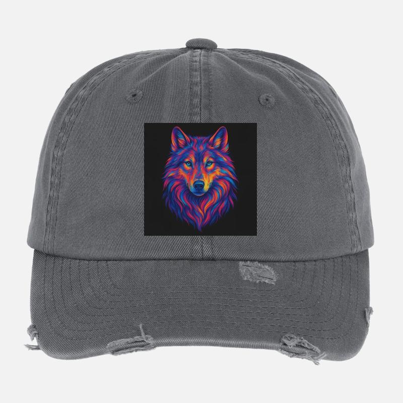 Neon Wolf Kopf Kunst Flexfit Vintage Destroyed Cap