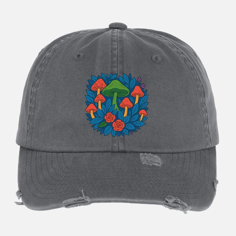 Cercle de champignons de feuilles et de roses Casquette vintage effet usé Flexfit