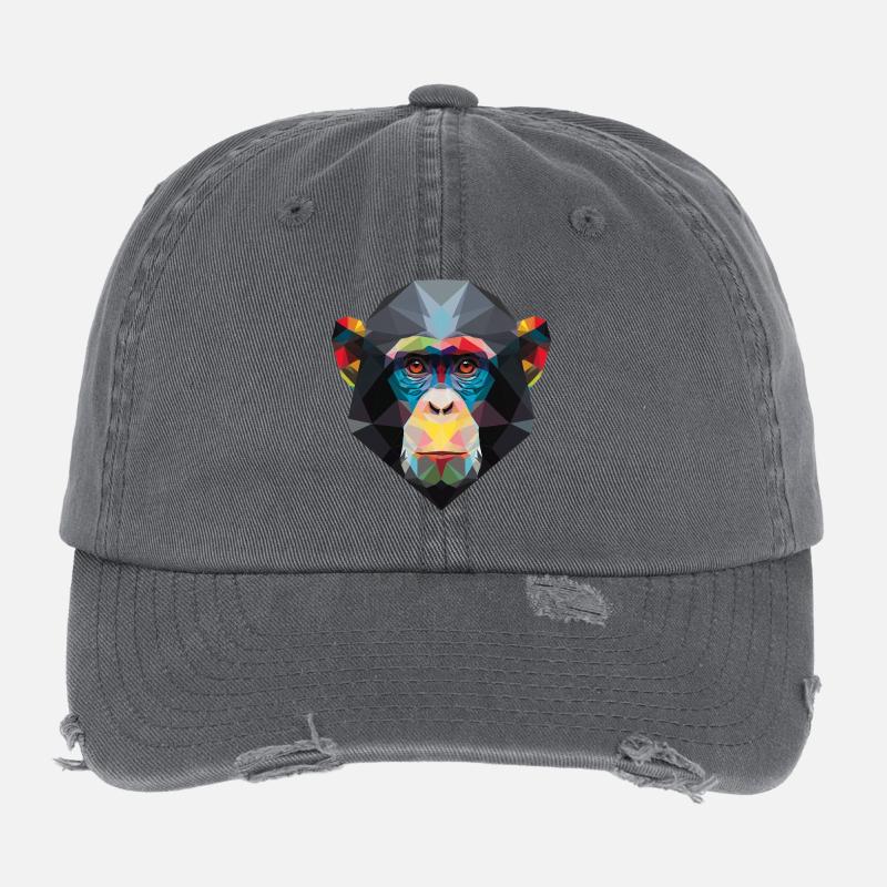 Geometric Monkey Portrait Rainbow Low Poly Art Flexfit Vintage Destroyed Cap