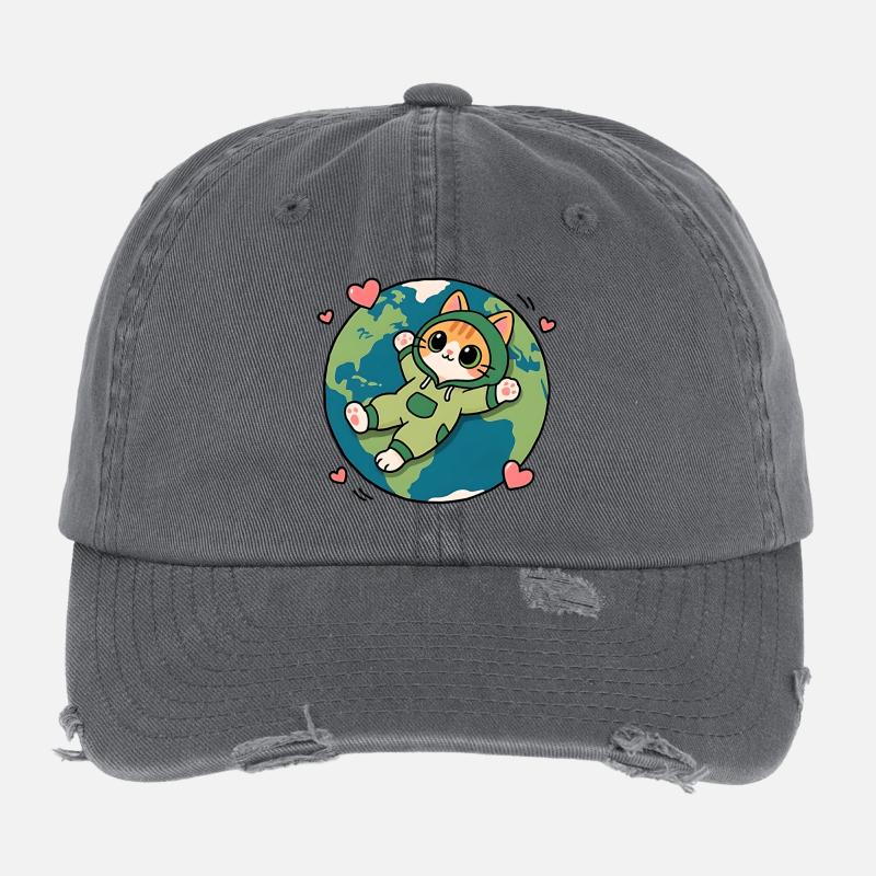 Chat écolo vert sur la planète Terre Casquette vintage effet usé Flexfit