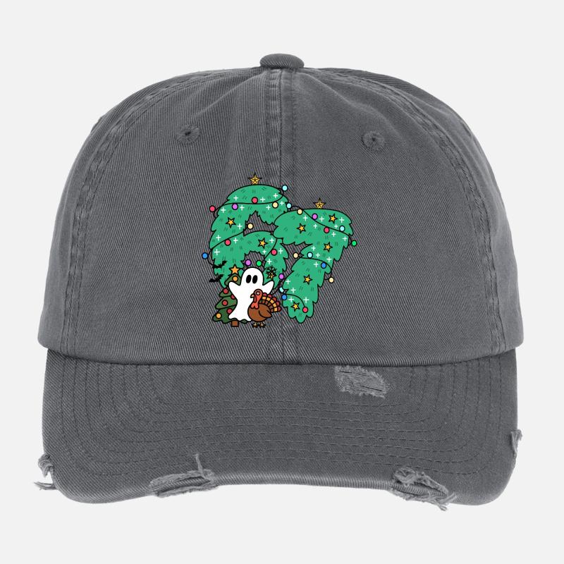 67 number Whimsical Ghost Under Festive Evergreen  Flexfit Vintage Destroyed Cap
