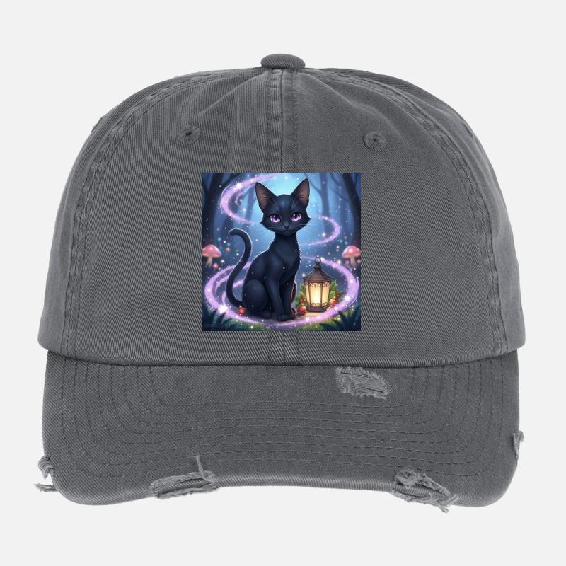 Magische schwarze katze mit laterne Flexfit Vintage Destroyed Cap