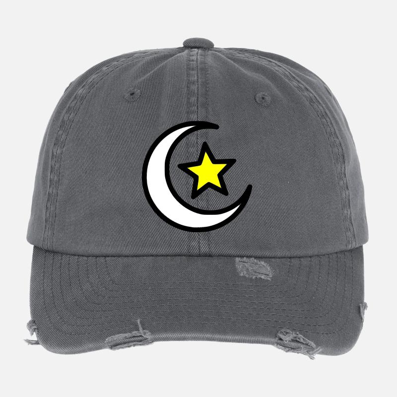Crescent Moon & Star | Islamic Symbol Line Art Flexfit Vintage Destroyed Cap