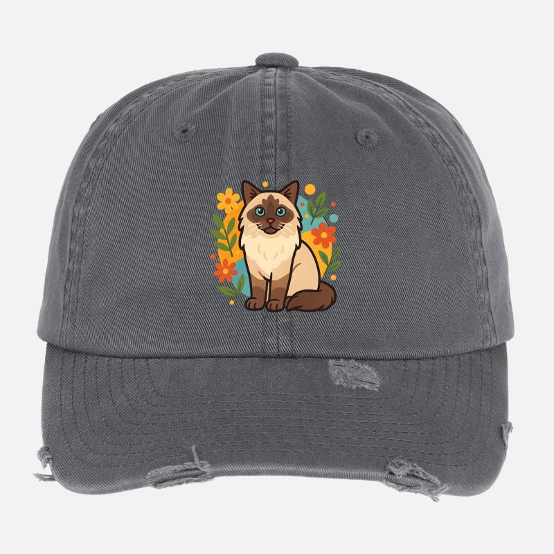 Ragdoll Cat with Flower Circle - Flexfit Vintage Destroyed Cap - dark grey