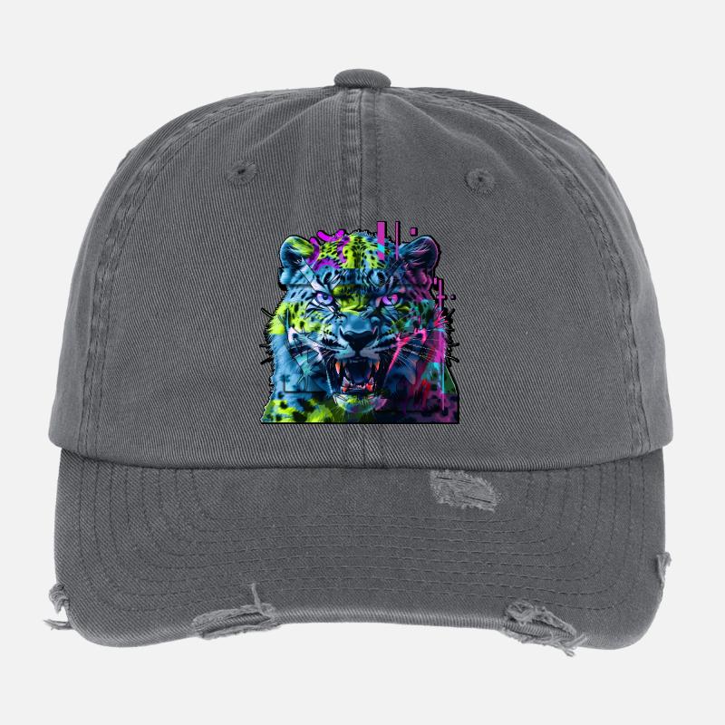 Léopard Techno Neon – Art Glitchcore Casquette vintage effet usé Flexfit