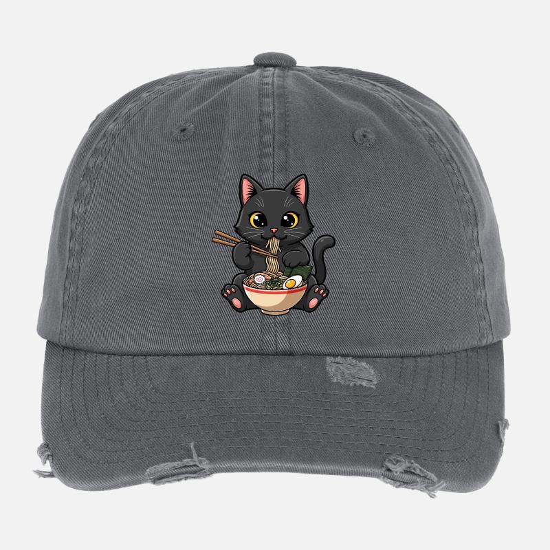 Black cat greedy ramen Flexfit Vintage Destroyed Cap