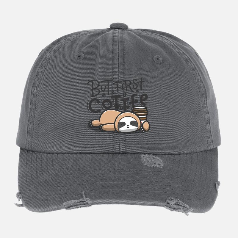 But First Coffee Sleeping Sloth Flexfit Vintage Destroyed Cap