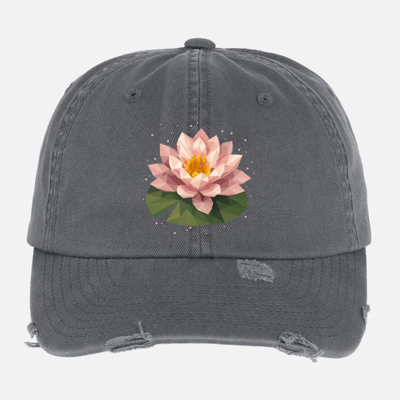 Nénuphar polygonal rose sur feuille verte Casquette vintage effet usé Flexfit