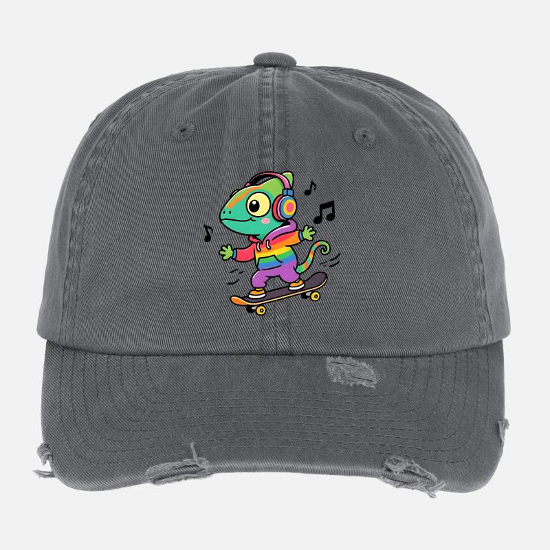 Rainbow Chameleon on Skate Flexfit Vintage Destroyed Cap