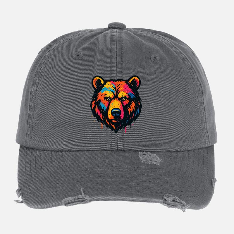 Colorful Bear Head Art Print Flexfit Vintage Destroyed Cap