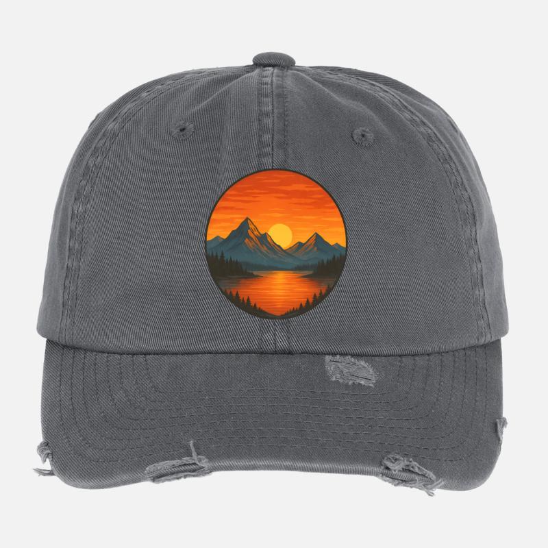 Sunset Mountain Lake Circle T-Shirt Flexfit Vintage Destroyed Cap