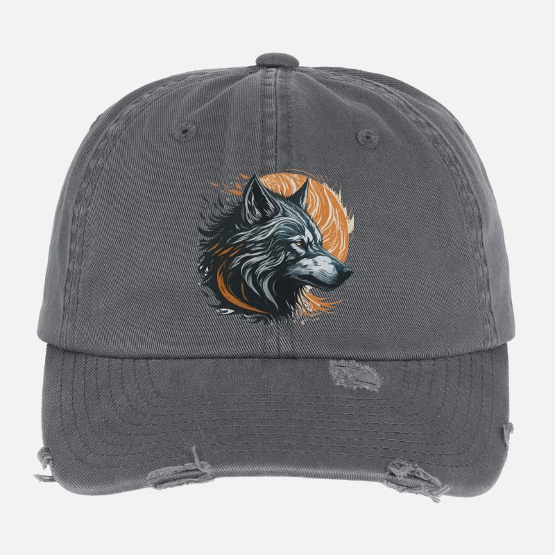 Black Wolf Under Golden Moon Flexfit Vintage Destroyed Cap