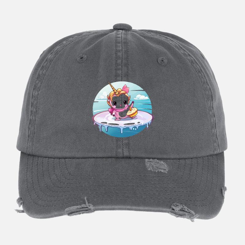 Unicorn on a surfboard with cupcake Flexfit Vintage Destroyed Cap