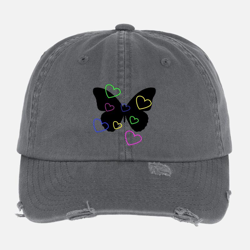 Multicolor Neon Hearts on Butterfly Flexfit Vintage Destroyed Cap