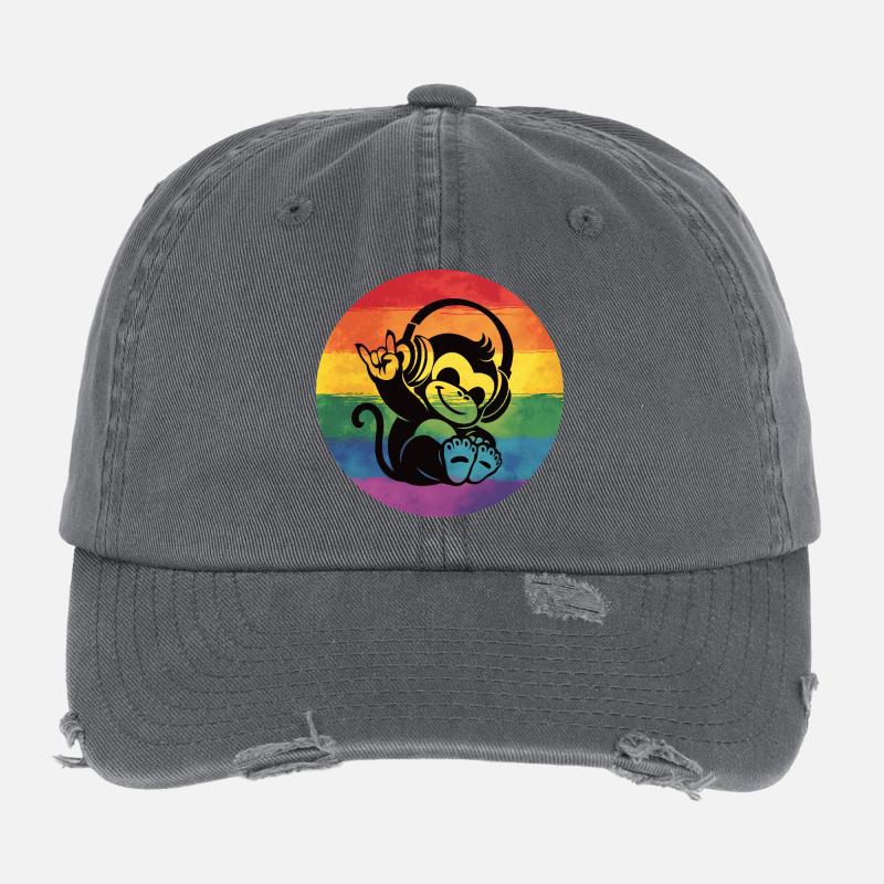 Regenbogen Affe – Kopfhörer Rockhandzeichen Flexfit Vintage Destroyed Cap