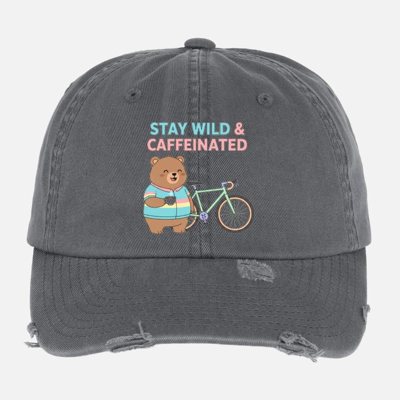 Stay Wild Caffeinated Bear Cycling Flexfit Vintage Destroyed Cap