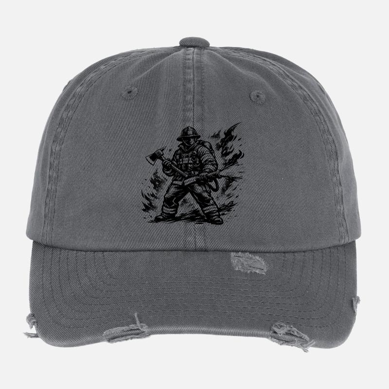 Heroic Firefighter Comic Style Black White Flexfit Vintage Destroyed Cap