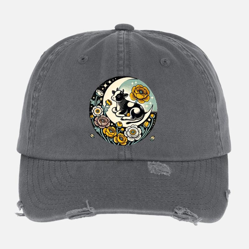 Moonlit Calf with Floral Moon Flexfit Vintage Destroyed Cap