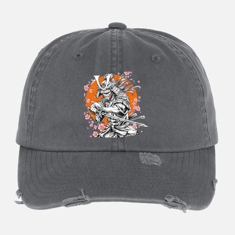 Samouraï avec Sakura et Orange Circle Casquette vintage effet usé Flexfit