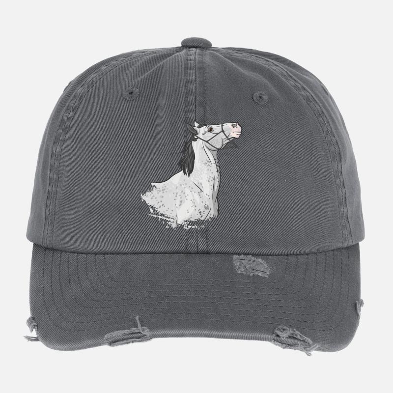 Der Kopf eines grauen Pferdes, das an seinem Ausfall zieht Flexfit Vintage Destroyed Cap