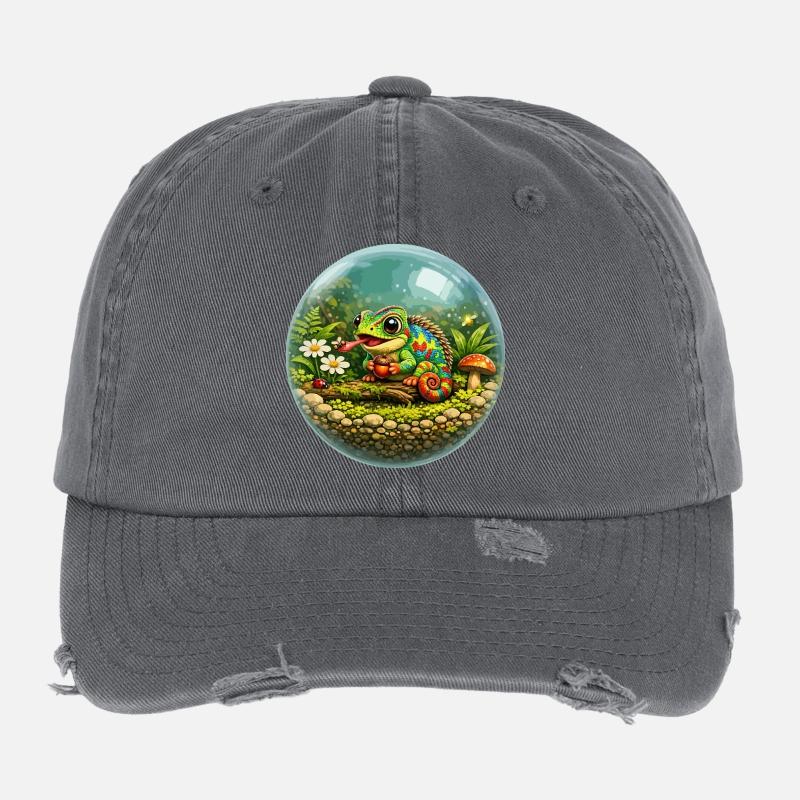 Bubble Jungle Chameleon in Green Biosphere Flexfit Vintage Destroyed Cap