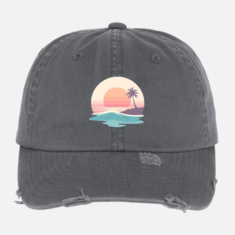 Retro Sunset Beach & Palm Tree Flexfit Vintage Destroyed Cap